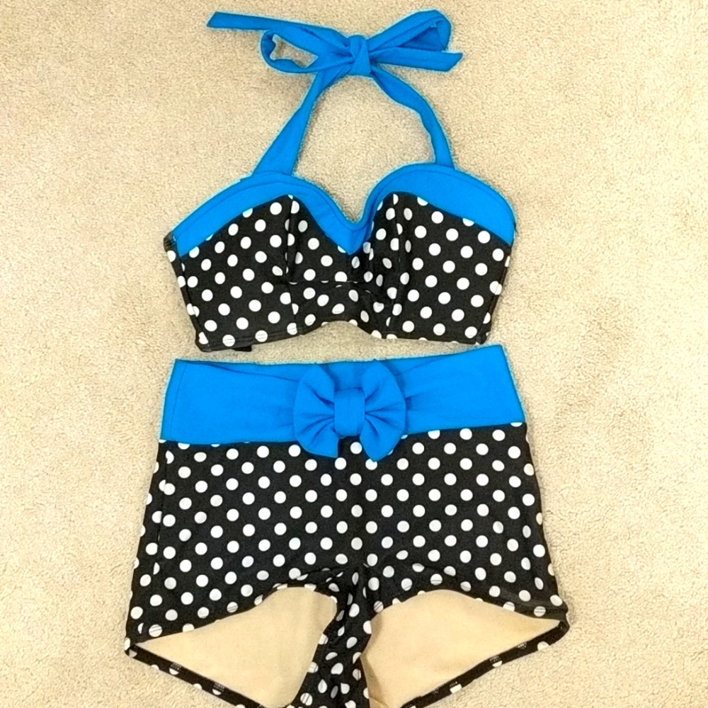Vintage Swimsuit Two-Piece High-Waisted Black Blue Polkadot